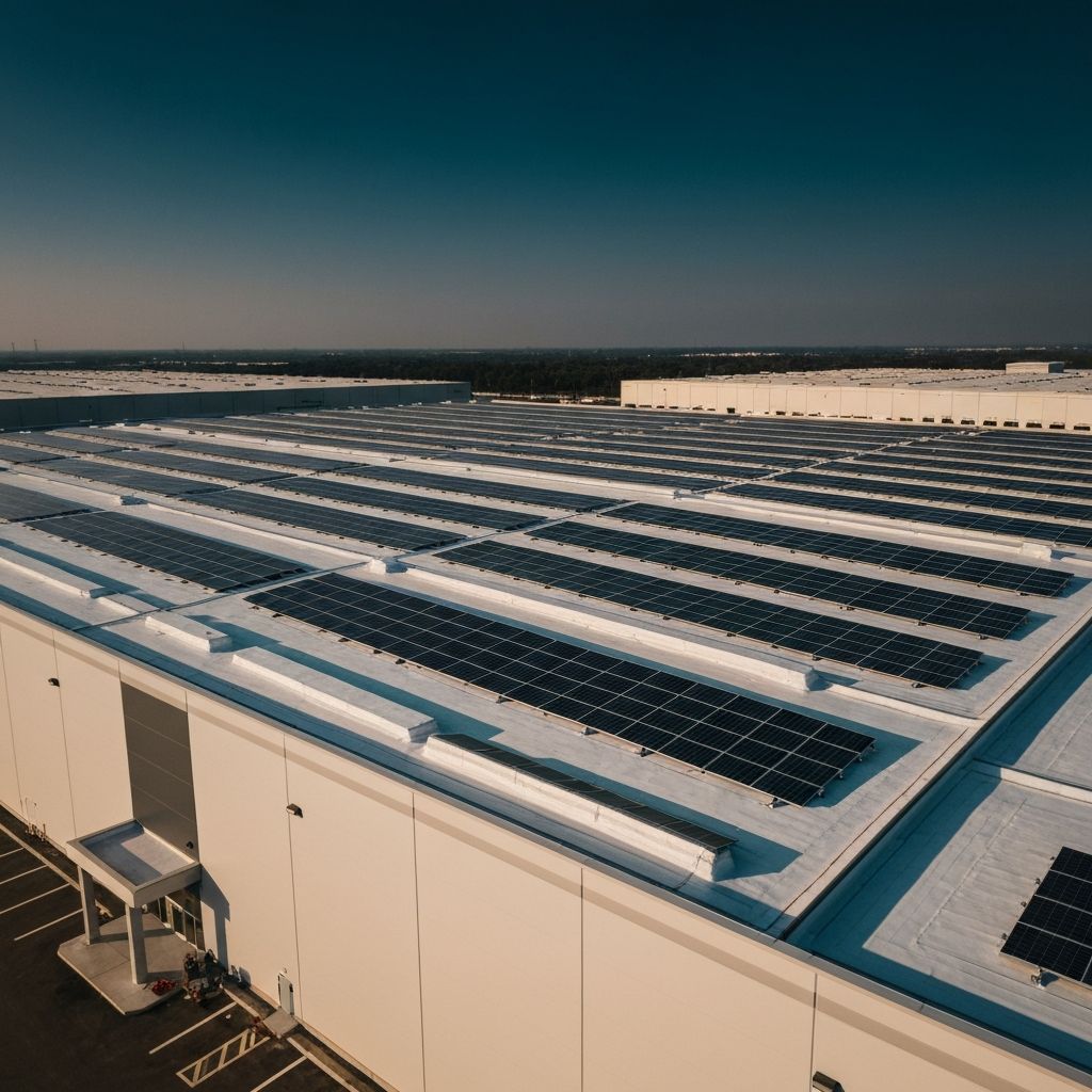Aerial view of commercial warehouse roof with integrated solar arrays